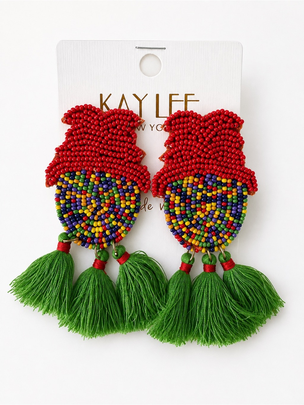Kay Lee Tassel Earrings — Handmade Beaded in Red & Green Size: OS